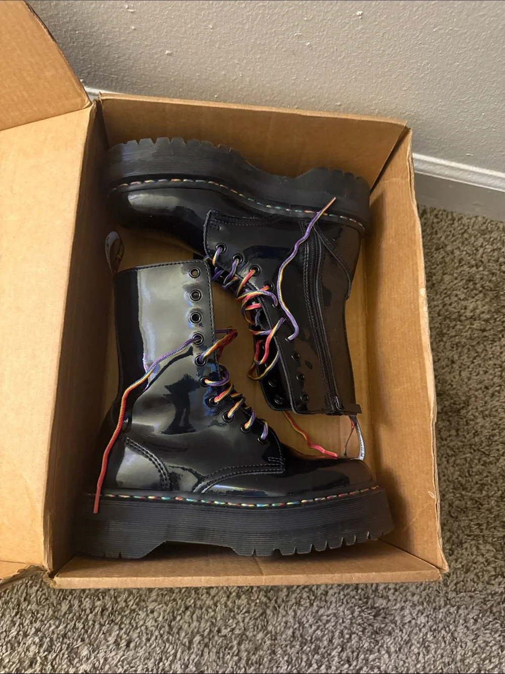 Unisex Dr. Martens Jadon HI Rainbow Patent Platform Boots with Iridescent